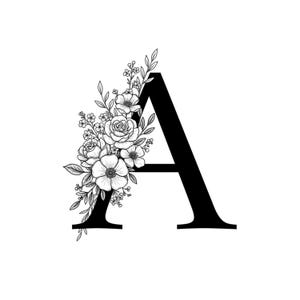 Monograma floral de A a Z, letra svg, png, jpeg, pdf, clipart de alfabeto preto e branco – arquivo digital para decoração de casamento, camisetas, arte de parede, personalizado