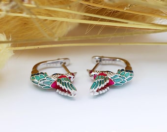 New Colorful Delicate Kingfisher Hoop Earrings S925 Sterling Silver