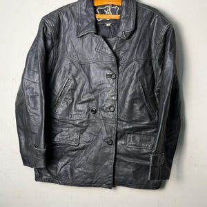 1956 Old Vintage Swedish Military Police Double Breasted Blanked Lined Black Leather Pea Coat, Size 46 / M German