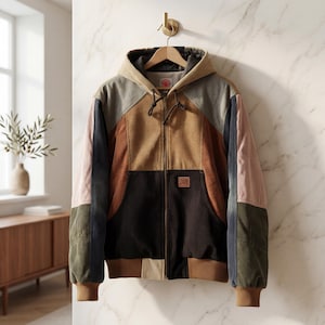May include: A multi-colored corduroy jacket with a hood, hanging on a wooden hanger. The jacket features panels of brown, tan, black, pink, and green. A small leather patch with the letters "JAM" is sewn on the front.