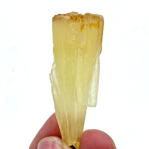 Puede incluir: Un espécimen mineral cristalino de color amarillo pálido. La piedra alargada y translúcida tiene una superficie rugosa y texturizada y está sujeta por una mano sobre un fondo blanco. La parte superior del mineral tiene un tono ligeramente más oscuro, parduzco.