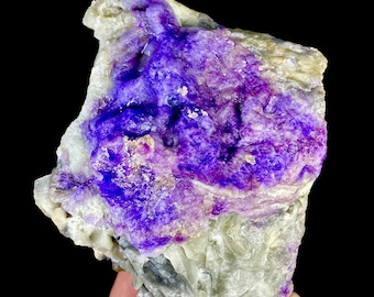 May include: A raw mineral specimen featuring a vibrant, deep purple crystalline cluster embedded within a textured, off-white and translucent matrix. The stone displays irregular, jagged edges and a rough, natural surface with varied mineral formations.