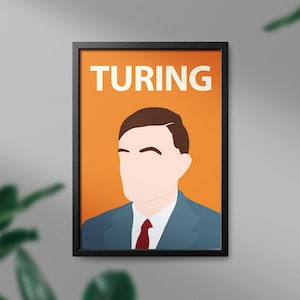 Könnte beinhalten: Gerahmter Kunstdruck mit einem stilisierten Porträt eines Mannes in blauem Anzug und roter Krawatte vor orangefarbenem Hintergrund. Das Wort "TURING" ist oben in Weiß gedruckt. Das Kunstwerk befindet sich in einem schwarzen Rahmen.