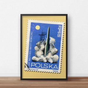 Ilustración de sello vintage del espacio soviético de Polonia: póster de sello Sputnik Polonia: impresión digital