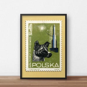 Ilustración de sello vintage del espacio soviético de Polonia: póster de sello Laika Sputnik de Polonia: impresión digital