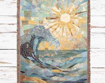 Sun and Wave Woven Throw Blanket, Coastal Ocean Art Tapestry, Dark