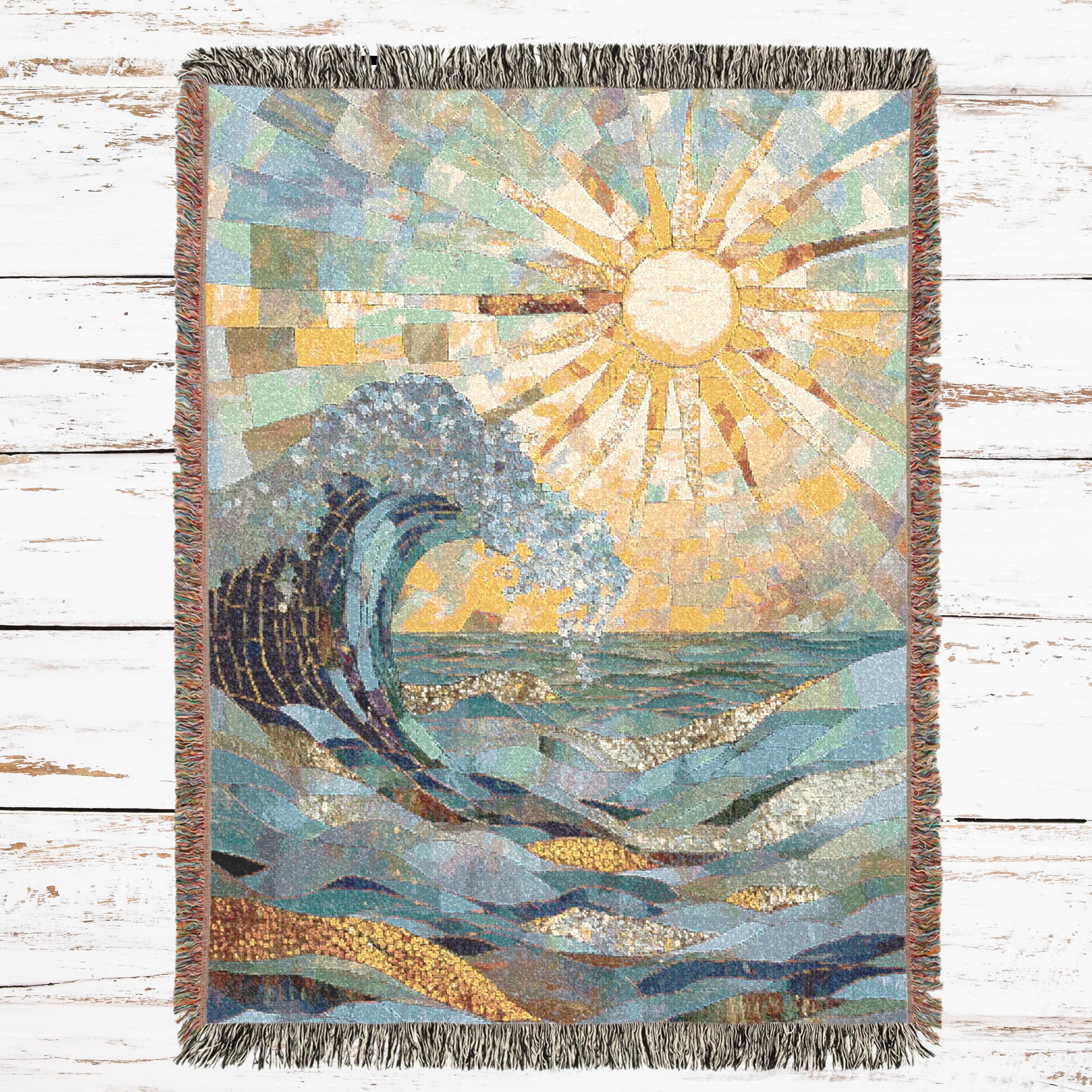 Sun and Wave Woven Throw Blanket, Coastal Ocean Art Tapestry, Dark