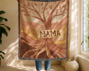 Personalized Mom Family Tree Woven Blanket, Custom Name Tree of Life Throw, Mother's Day Gift for Mom Grandma, 3 Sizes