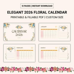 2026 Floral Calendar Printable | Aesthetic Monthly Planner PDF | Custom Size Digital Download | Fillable & Printable Calendar