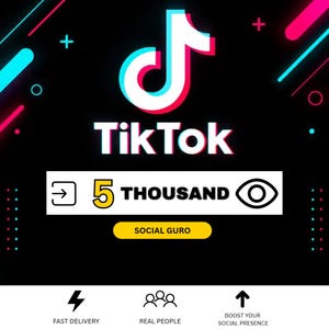 Op de afbeelding: Een zwarte afbeelding met het witte TikTok-logo met cyaan en magenta accenten. De tekst luidt 5 THOUSAND, SOCIAL GURO, FAST DELIVERY, REAL PEOPLE en BOOST YOUR SOCIAL PRESENCE. Het ontwerp bevat geometrische vormen en iconen.