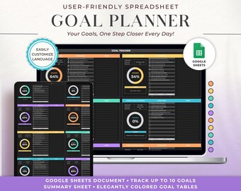 Puede incluir: Un documento de Google Sheets con una plantilla de planificador de objetivos. La plantilla tiene un fondo oscuro con barras de progreso de colores y texto que dice "Goal Tracker". El documento está diseñado para realizar un seguimiento de hasta 10 objetivos con una hoja de resumen y tablas de objetivos codificadas por colores.