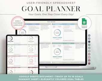 Peut inclure: Un écran d'ordinateur portable affichant un document Google Sheets intitulé "Goal Planner". Le document est un suivi des objectifs avec une feuille de synthèse et 10 tableaux d'objectifs. Chaque tableau comporte une barre de progression et une section pour les étapes d'action. Le document est conçu pour aider les utilisateurs à suivre leurs objectifs et leurs progrès.