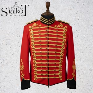 Túnica de húsar roja – Chaqueta militar napoleónica con trenzas doradas, uniforme steampunk