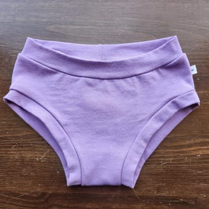 May include: A pair of lavender-colored underwear with a wide waistband and rolled leg openings. The garment is made of a soft fabric and is designed for comfort. A small tag is visible on the side.
