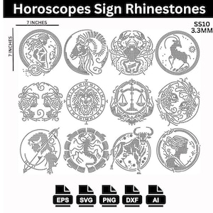 May include: A collection of rhinestone designs featuring the twelve zodiac signs. Each sign is depicted in a circular frame, with the text "Horoscopes Sign Rhinestones" at the top. The designs are approximately 7 inches in size.