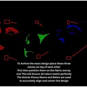 Pu&ograve; includere: Sfondo nero con tre volti stilizzati in rosso, verde e blu. Il testo recita: "Per ottenere il design esatto, posiziona queste tre pietre una sopra l'altra..." Sono incluse anche le istruzioni di allineamento.
