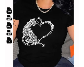 Modelo de strass de gato e coração: arquivo SVG de strass SS10 (download digital)