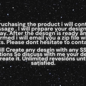 May include: Text on a black background with a starry effect. The text describes the process of purchasing a design, including communication, design preparation, file delivery, and revisions.