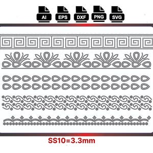 Könnte beinhalten: Ein digitales Design mit fünf dekorativen Strassmustern. Die Designs umfassen geometrische, florale und wellenförmige Muster, die alle aus kleinen, gleichmäßig verteilten Punkten bestehen. Der Text "SS10=3,3 mm" befindet sich unten und gibt die Strassgröße an.