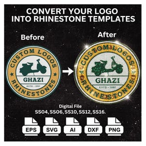 May include: Image showing a logo conversion process for rhinestone templates. The "Before" image displays a logo with a scooter graphic, while the "After" image shows the logo transformed into rhinestones. Text includes "Convert Your Logo Into Rhinestone Templates."