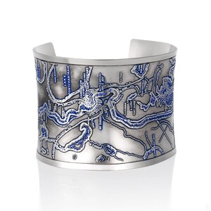 Mississippi River Cuff Armband von New Orleans Historische Karte -Sterling Silber Geätzt Schmuck mit Blauer Patina