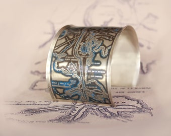 Mississippi River Sterling Silver Etched Jewelry with Blue Patina - Cuff Bracelet of New Orleans Historical Map