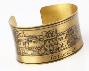 French Quarter (Toulouse St) Etched New Orleans Jewelry - Cuff Bracelet of Historical Map in Brass