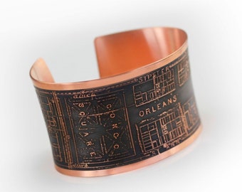 Congo Square, Treme Market New Orleans Etched Cuff Bracelet of Historical Map