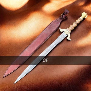 Handmade Damascus Steel Viking Sword: Medieval Fantasy Sword with Leather Sheath