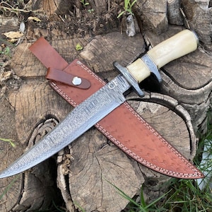 Personalized Damascus Bowie Hunting Knife: Camel Bone Handle, Leather Sheath