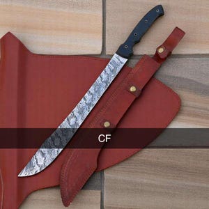 Handmade Damascus Steel Machete Sword with Custom Leather Sheath – Full Tang, Patterned Blade, Bushcraft & Collectible Sword