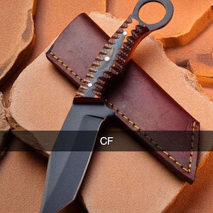 Couteau Tanto fait main de 20 cm (8 po.) : Lame de chasse forgée à la main avec étui en cuir