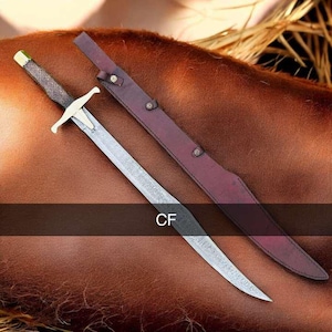 Handcrafted Damascus Scimitar Sword: Rosewood Handle, Leather Sheath