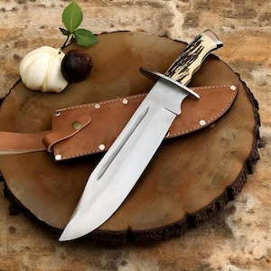 Handmade D2 Steel Bowie Knife: Stag Horn Handle, Leather Sheath