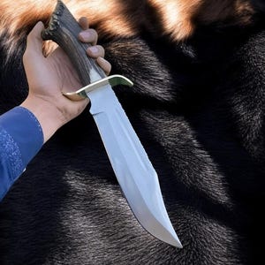 Handmade Carbon Steel Bowie Knife – Stag Antler Handle | Hunting & Survival Knife with Sheath