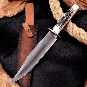 Handmade Forged Steel Bowie Knife: Stag Horn Handle, Leather Sheath