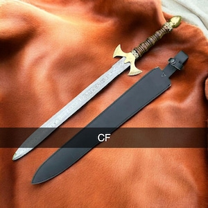 Beautiful Handmade Damascus Steel 30&quot; Combat Hunting Sword , Long Sword, Double Edge Sword Viking sword Gift for Groomsmen Wedding Gift