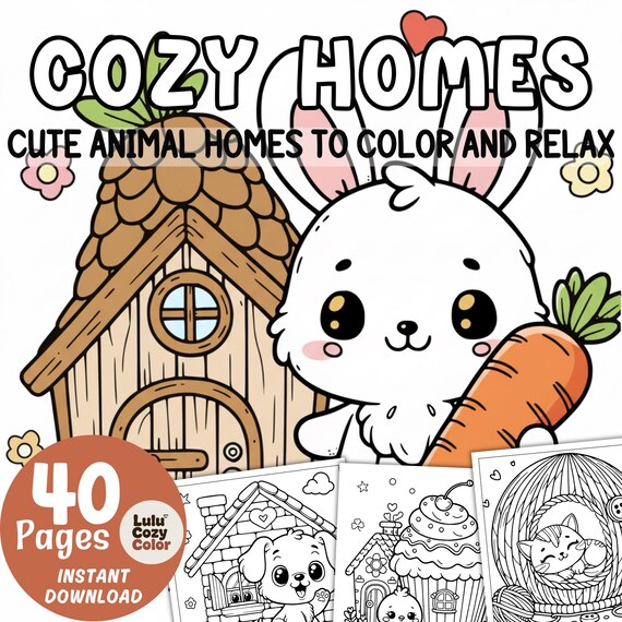 40 Pages Printable Cozy Homes Coloring Book, Bold and Easy Cute Animal House Coloring Pages for Adults Kids, Kawaii Bunny Room Sheets PDF