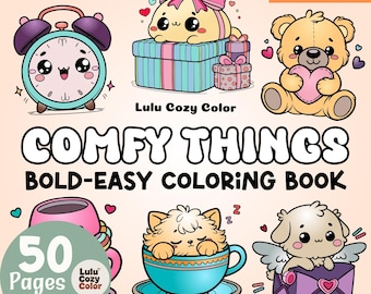 50 Pages Comfy Things Coloring Book Bundle, Bold and Easy Cute Object Coloring Pages for Adults Kids, Kawaii Aesthetic Sheets Print PDF