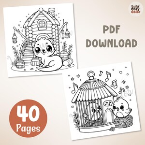 40 Pages Printable Cozy Homes Coloring Book, Bold and Easy Cute Animal House Coloring Pages for Adults Kids, Kawaii Bunny Room Sheets PDF image 3