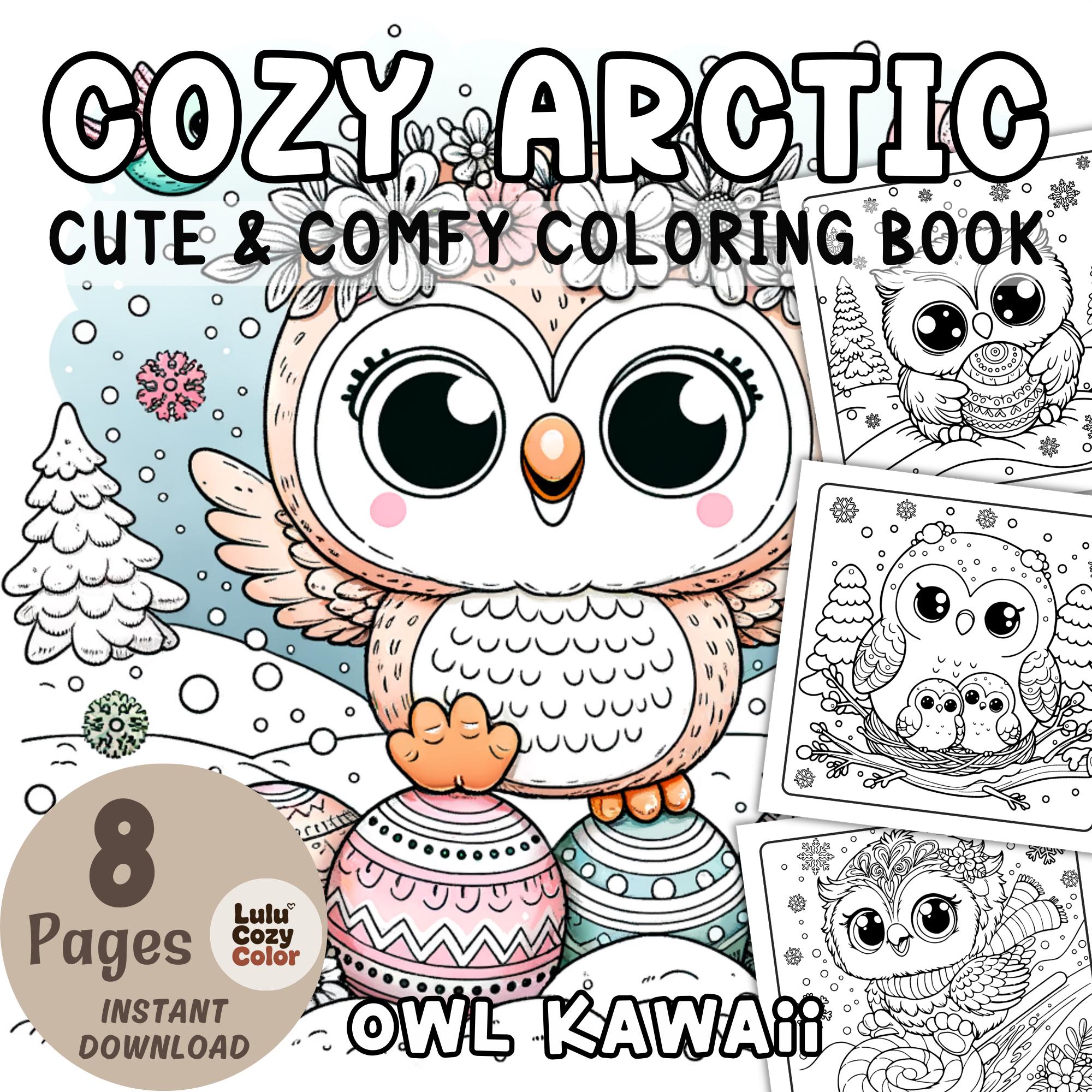 Printable Owl Coloring Book, Bold and Easy Cute Arctic Animals Coloring Pages for Adults Kids, Kawai