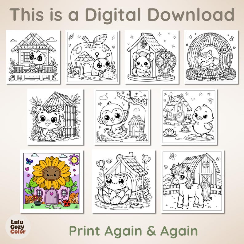 40 Pages Printable Cozy Homes Coloring Book, Bold and Easy Cute Animal House Coloring Pages for Adults Kids, Kawaii Bunny Room Sheets PDF image 7