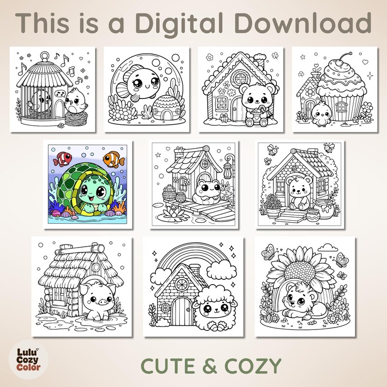 40 Pages Printable Cozy Homes Coloring Book, Bold and Easy Cute Animal House Coloring Pages for Adults Kids, Kawaii Bunny Room Sheets PDF image 6