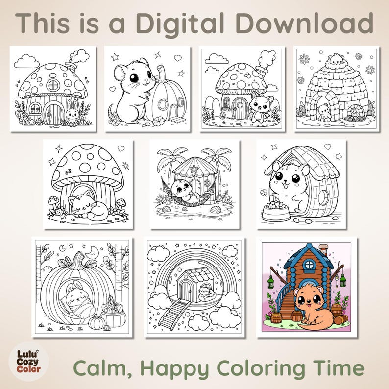 40 Pages Printable Cozy Homes Coloring Book, Bold and Easy Cute Animal House Coloring Pages for Adults Kids, Kawaii Bunny Room Sheets PDF image 8