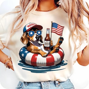 Merica Dog Pool Float PNG – Funny Patriotic Dachshund Shirt Design – 4th of July Sublimation – Retro Summer Beer Dog png
