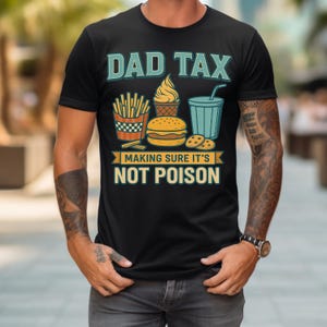 お父さんの税金に関する面白いPNG画像 - 父の日のTシャツ、ハンバーガーとフライドポテトの漫画、お父さんへのユーモアギフトPNG用のファストフード昇華デザイン