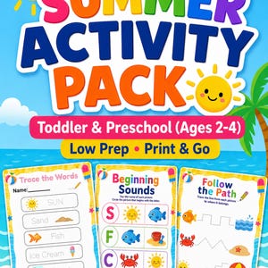 May include: A colorful summer activity pack for toddlers and preschoolers. The cover features the text "Summer Activity Pack" in bright colors. Inside are worksheets with tracing, beginning sounds, and path-following activities, all with a beach theme.