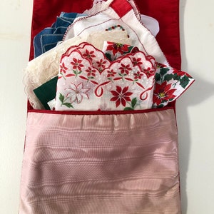 Lot of Vintage Hankies in Vintage Bag, Pointsettias, Lace, Floral