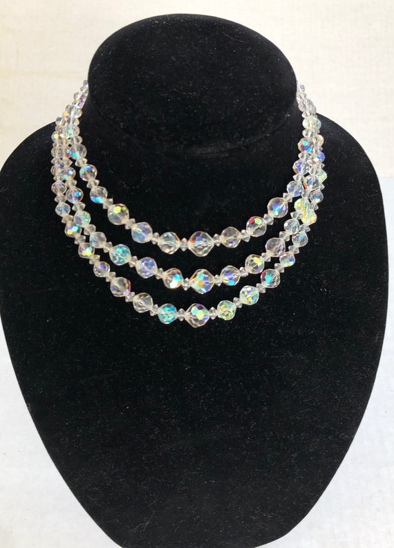 Vintage Crystal Beaded Necklace, 3 Strand Aurora … - image 3