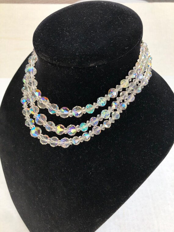 Vintage Crystal Beaded Necklace, 3 Strand Aurora … - image 4